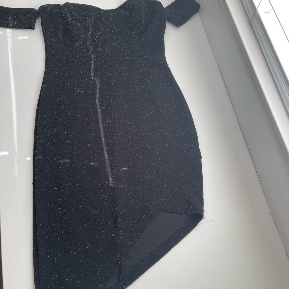 Black sparkly mini off the shoulder dress